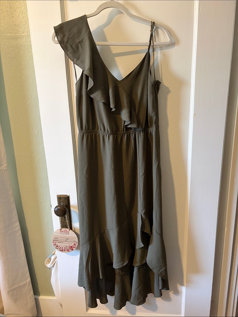 STATE One-Shoulder Olive Green Ruffle High-Low Dress